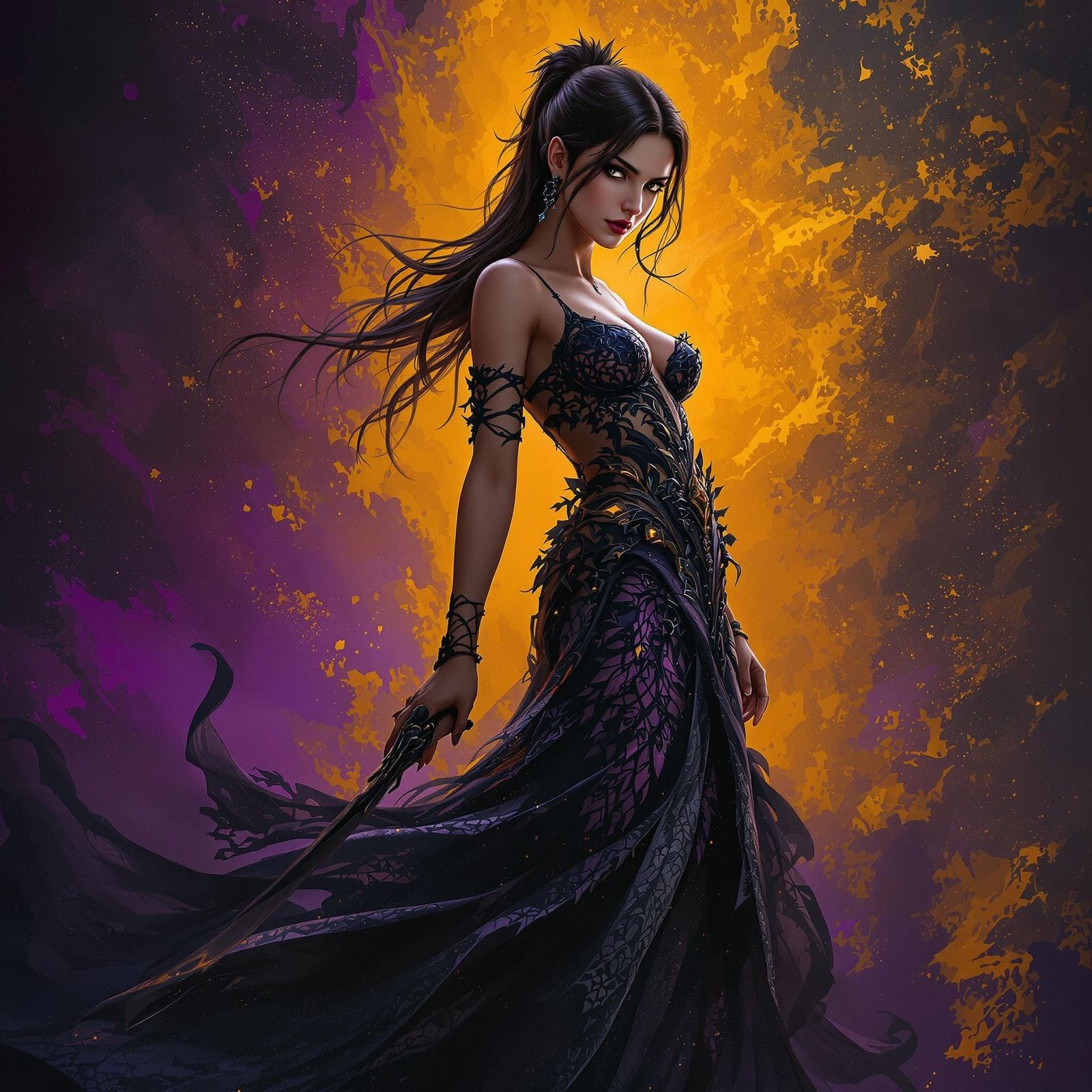 Lara Croft in Dark Fantasy Gown, Digital Art