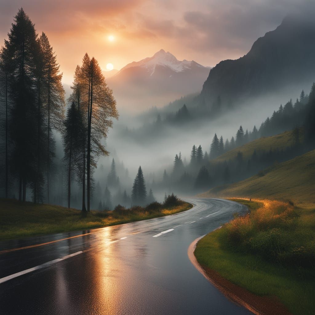 Surreal Sunrise on a Winding Road