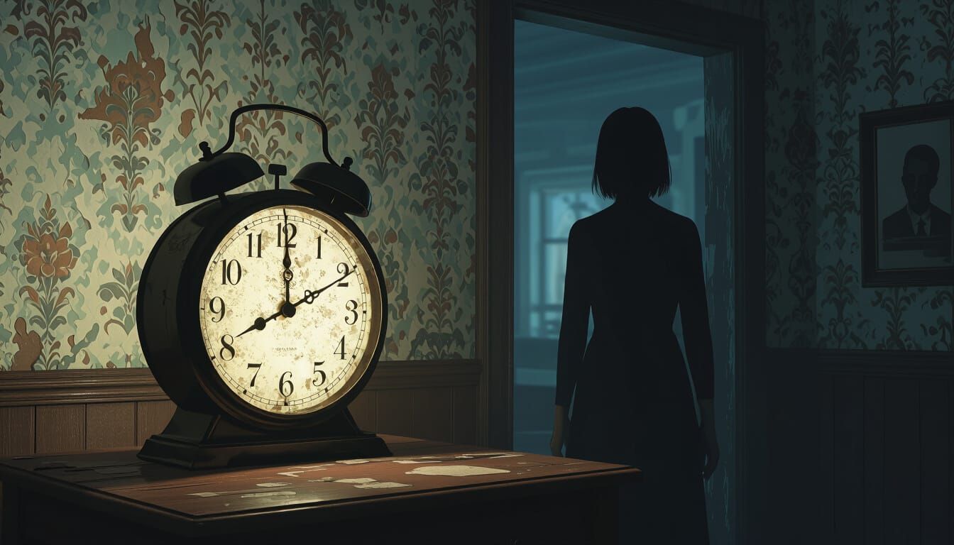 Eerie Dystopian Room with Frozen Clock, Digital Art