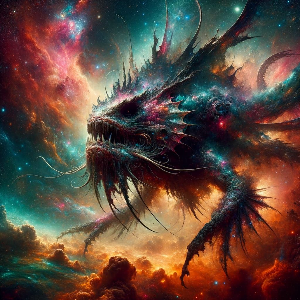 Cosmic Crocodile-Anglerfish Hybrid in Digital Matte Painting