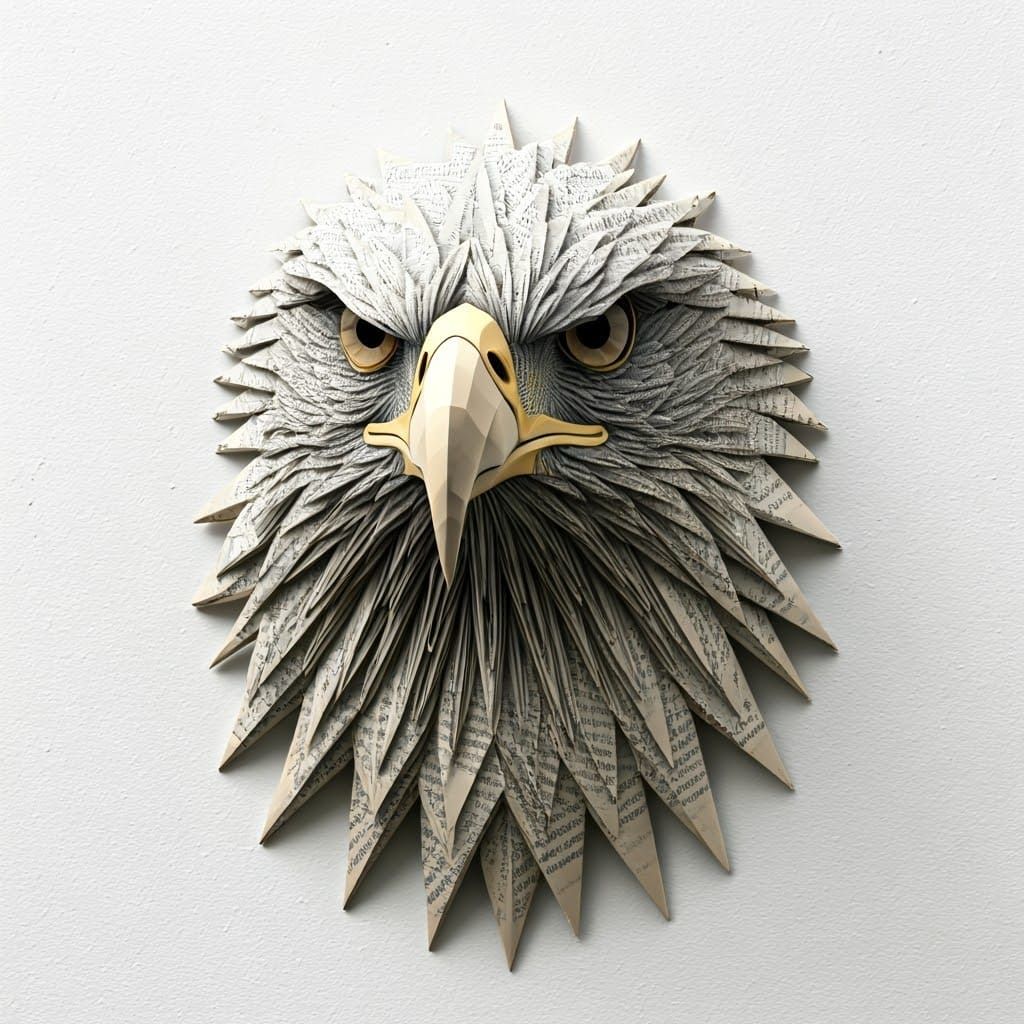 Origami Eagle Sculpture Emerging from Concrete Wall