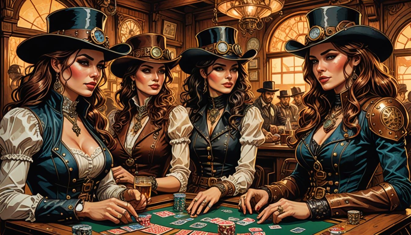 Steampunk Gunfighters Play Poker in Old West Saloon