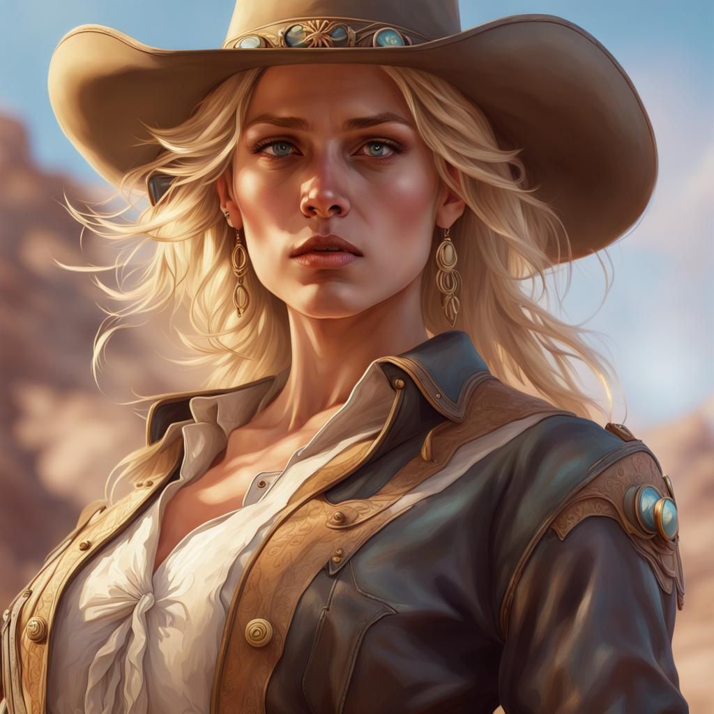 Western Woman with Six Shooter, Hyperdetailed Concept Art