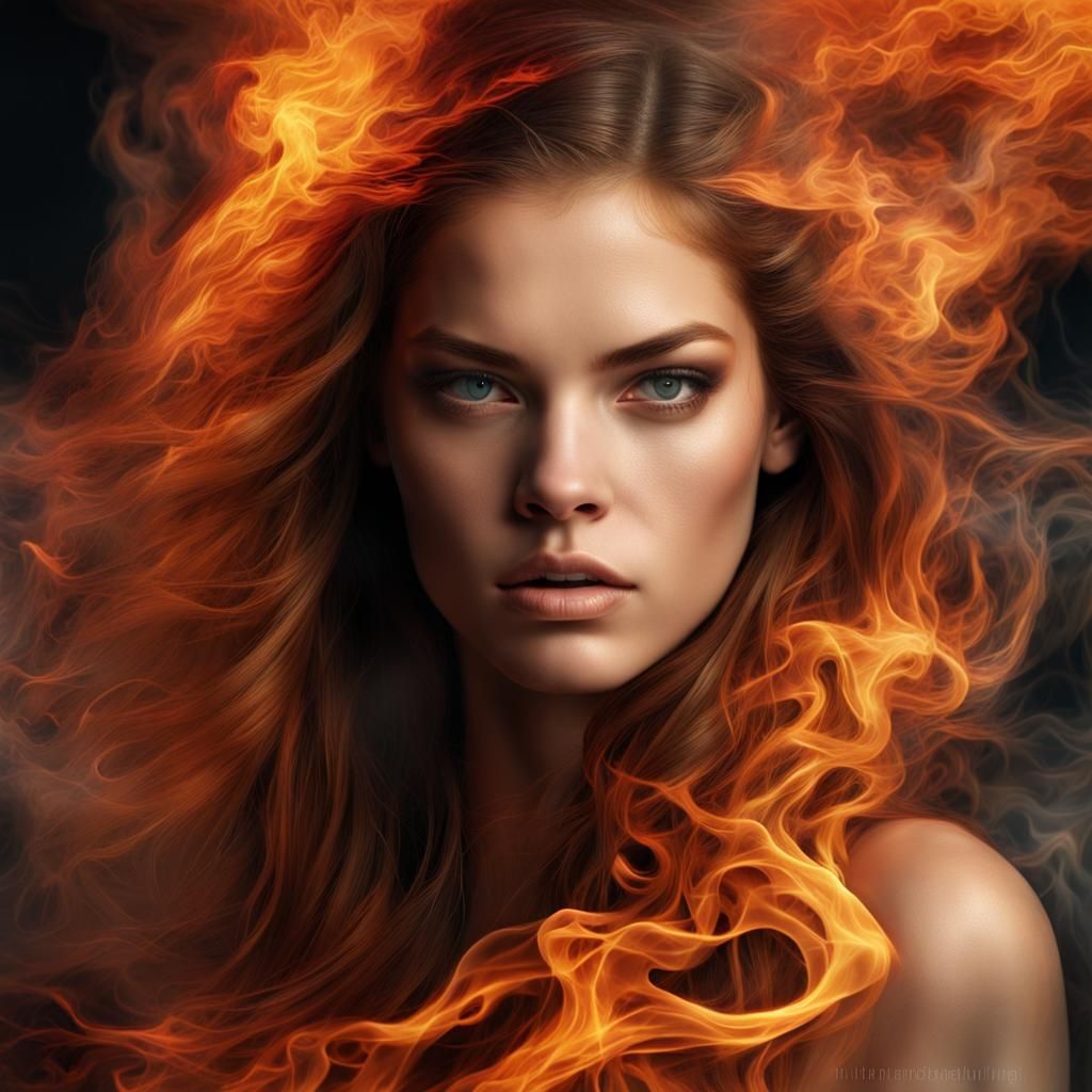 Fiery Woman Portrait in Hyperrealistic Style