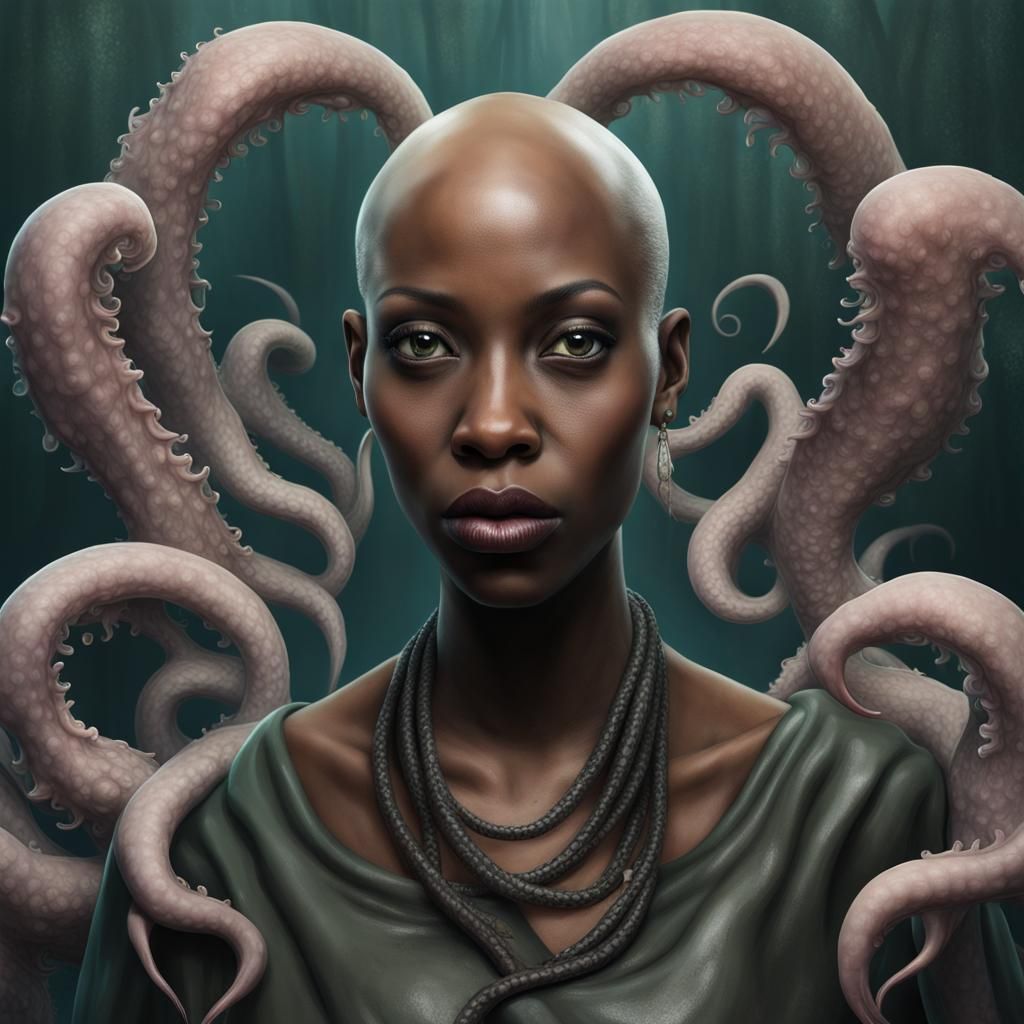 Bald black woman with the innsmouth look photorealistic slim...