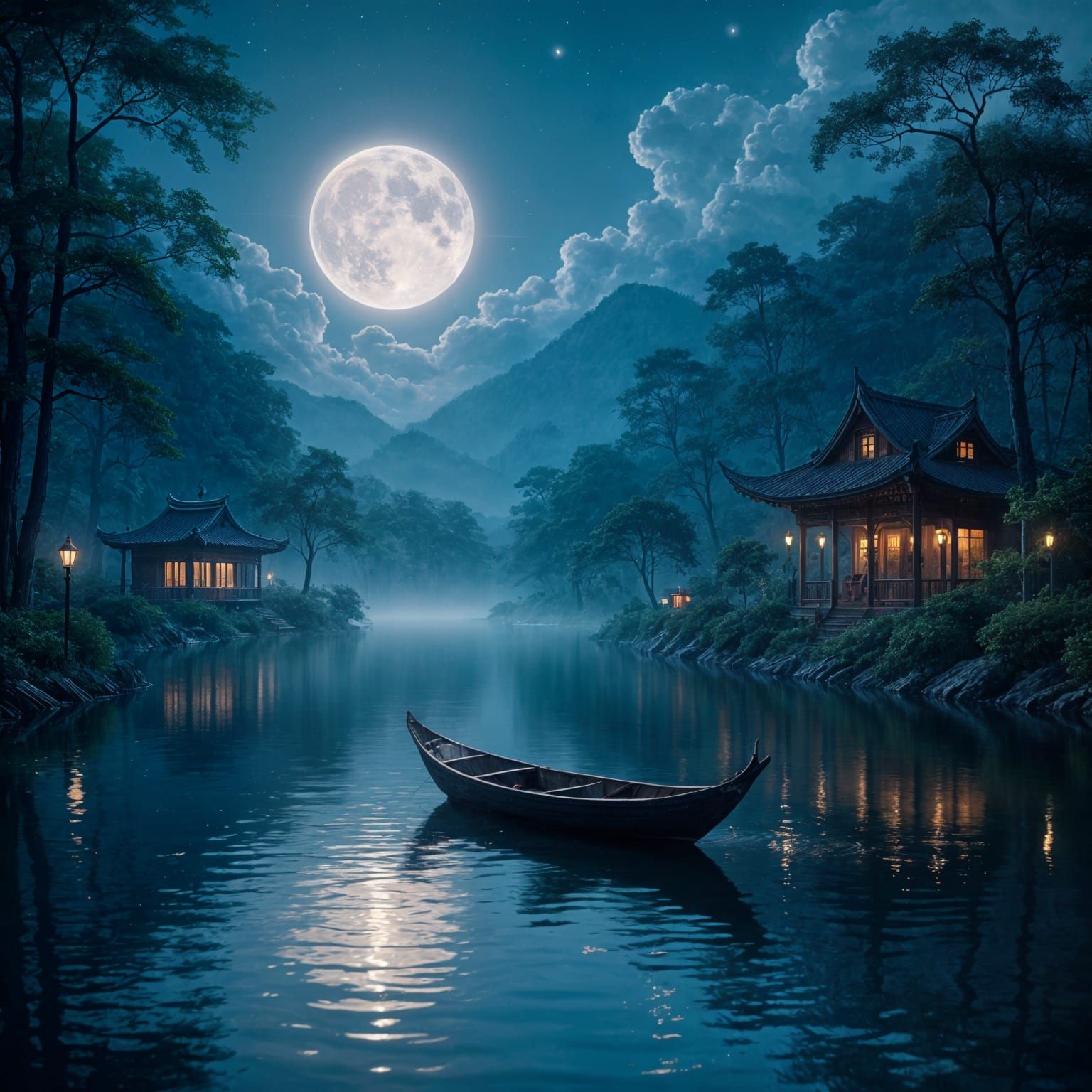 Misty Dusk River Scene with Full Moon