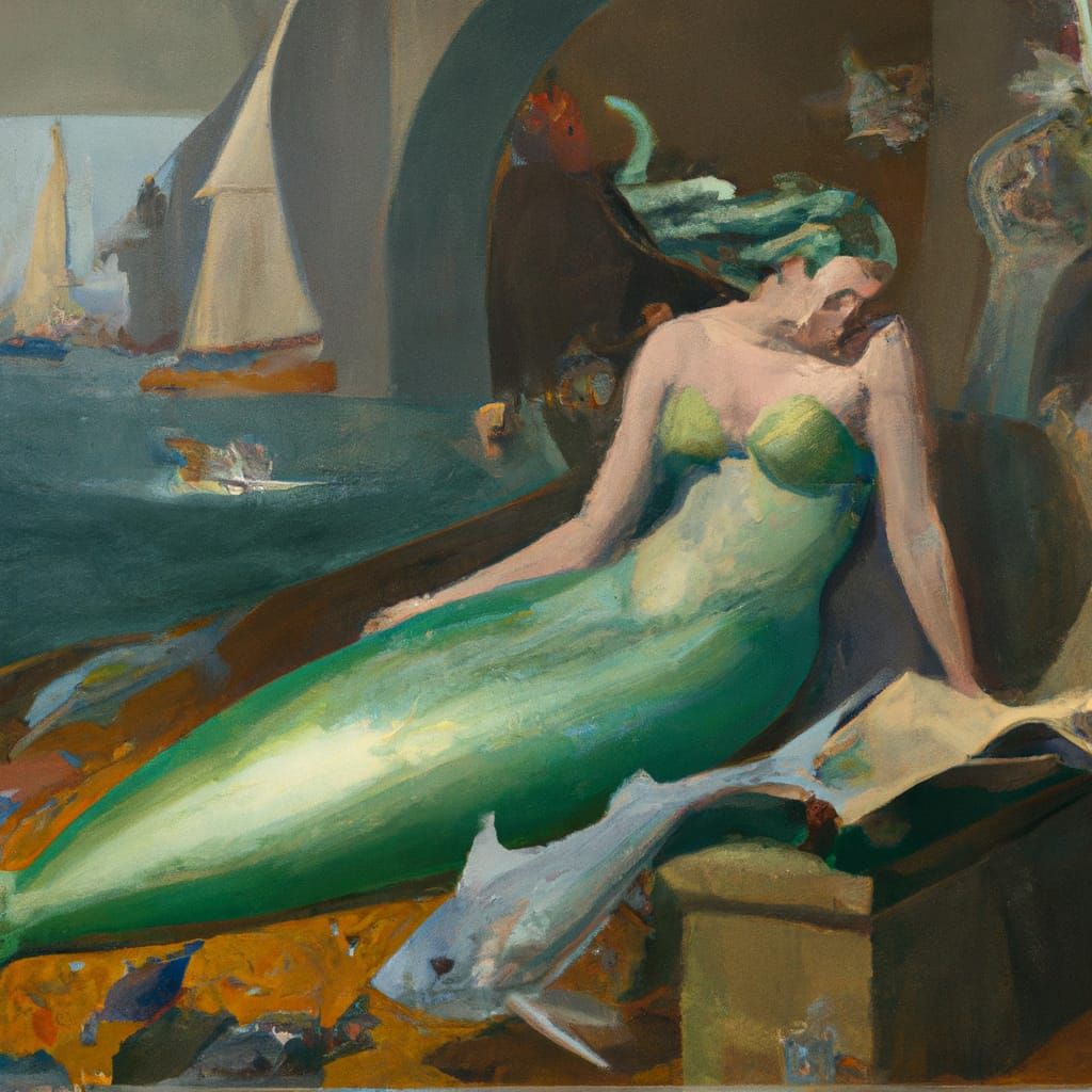 Art Deco Mermaid Painting in Mixed Media