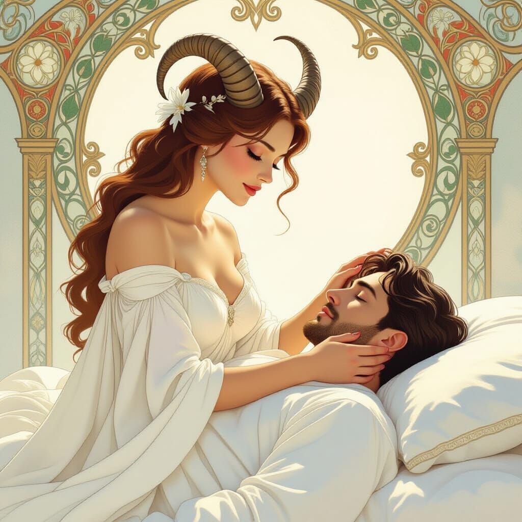 Succubus in Art Nouveau Style Watches Sleeping Man