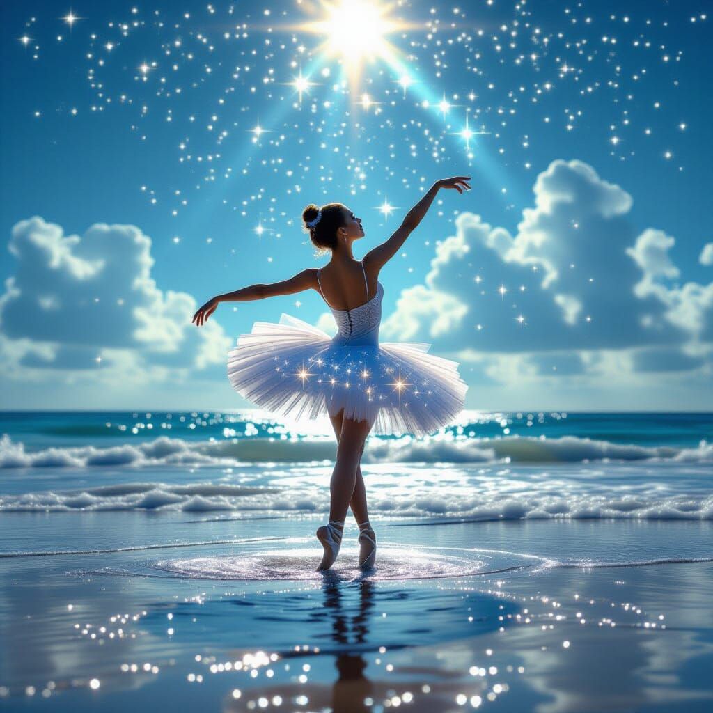 Ballerina Dancing in Cosmic Starlight on Seashore