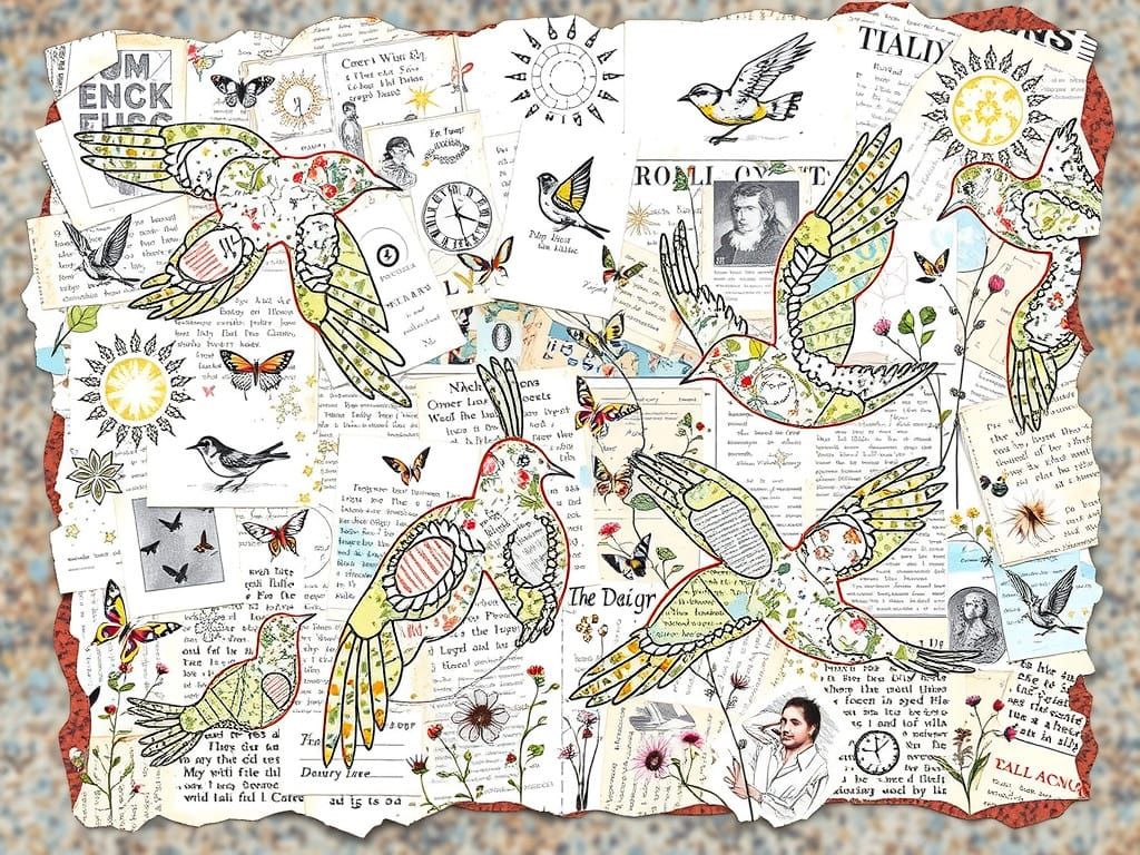 Whimsical Mixed Media Collage of Fantastical Birds in Dreaml...