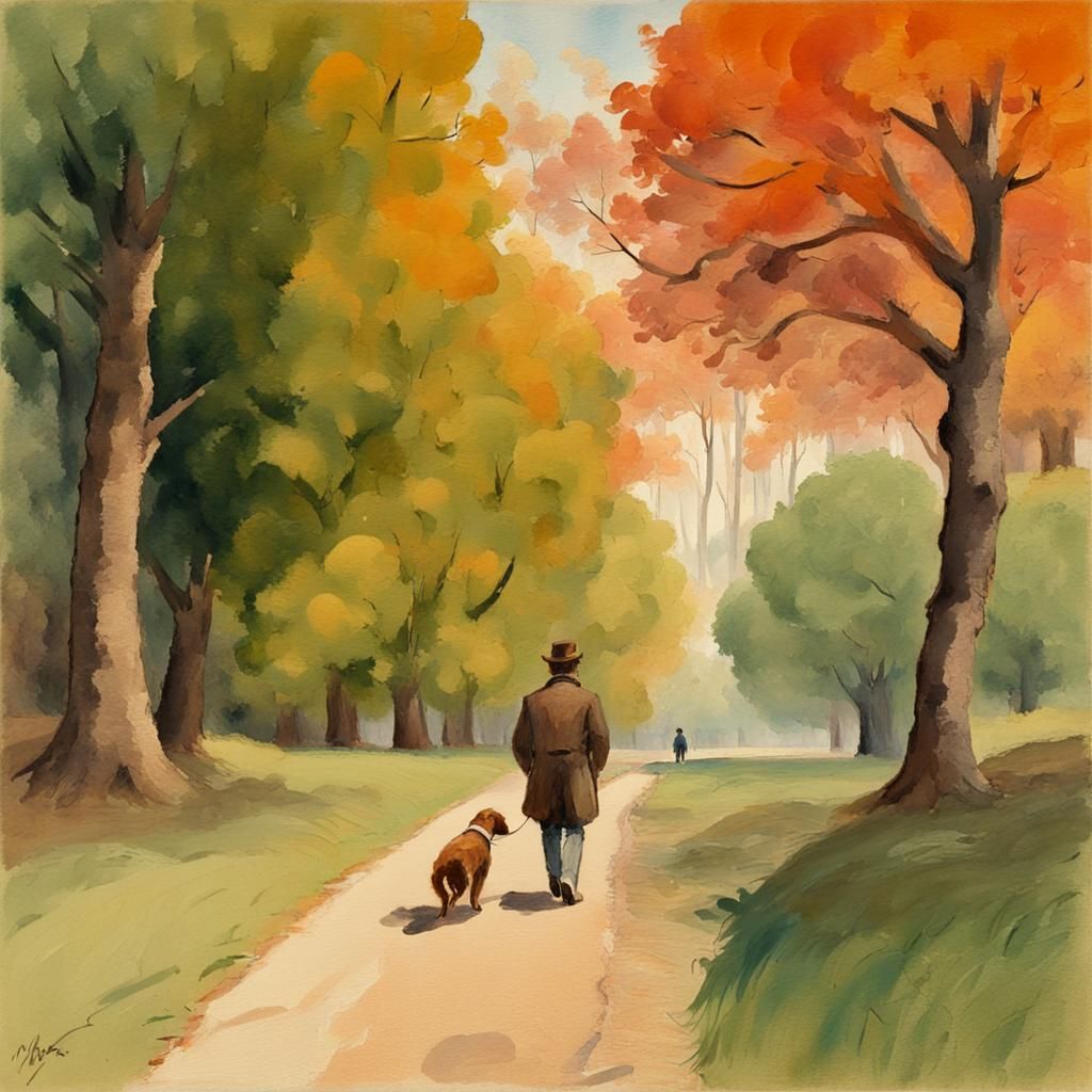 Man and Dog Walk: Gouache Impressionist Masterpiece