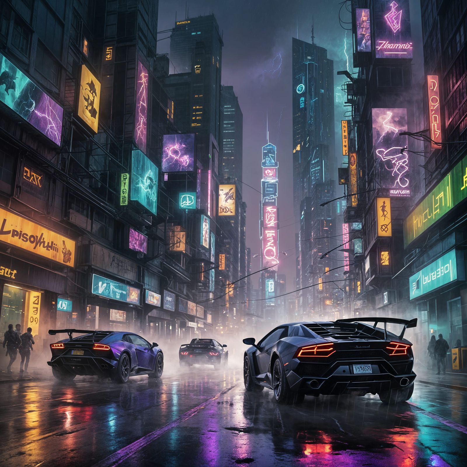 Cyberpunk Lamborghini Races Through Neon Cityscape