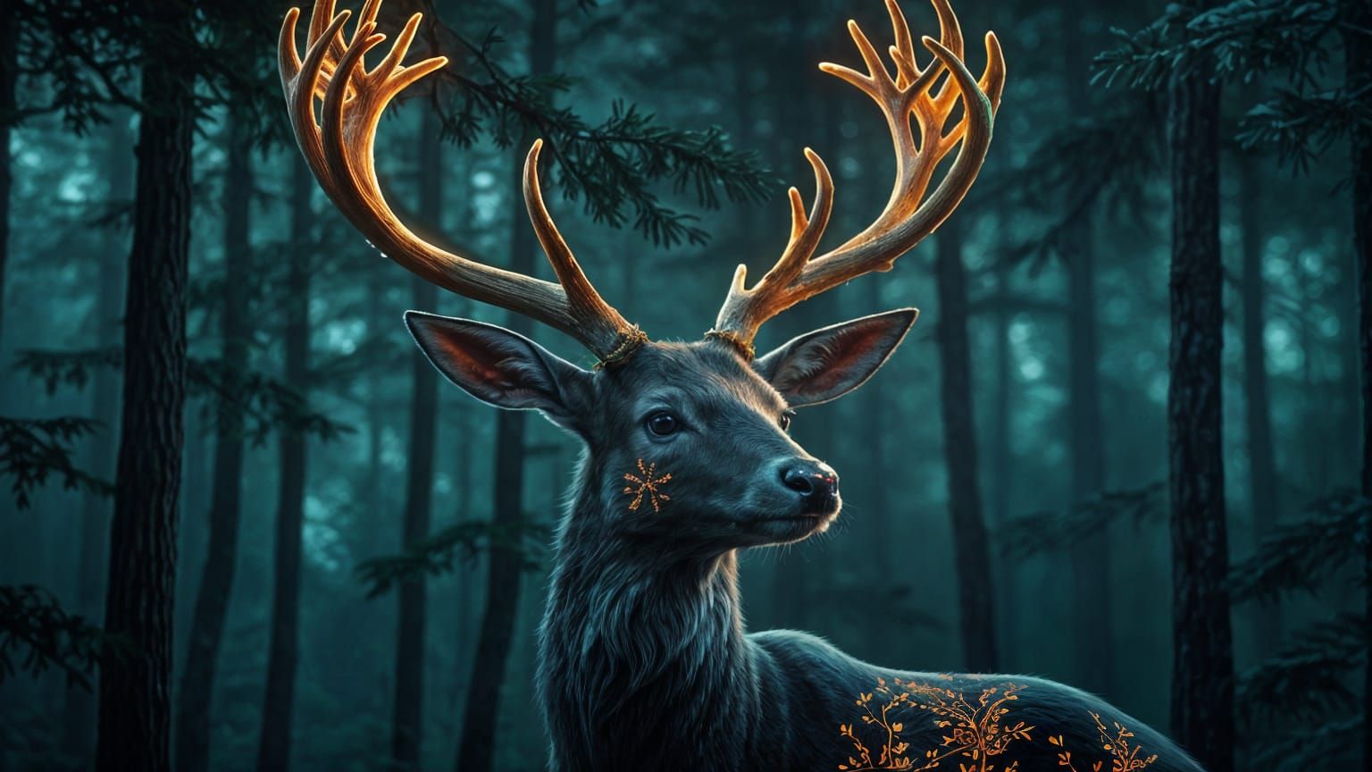Fantasy Deer in Bioluminescent Forest: Oil Painting