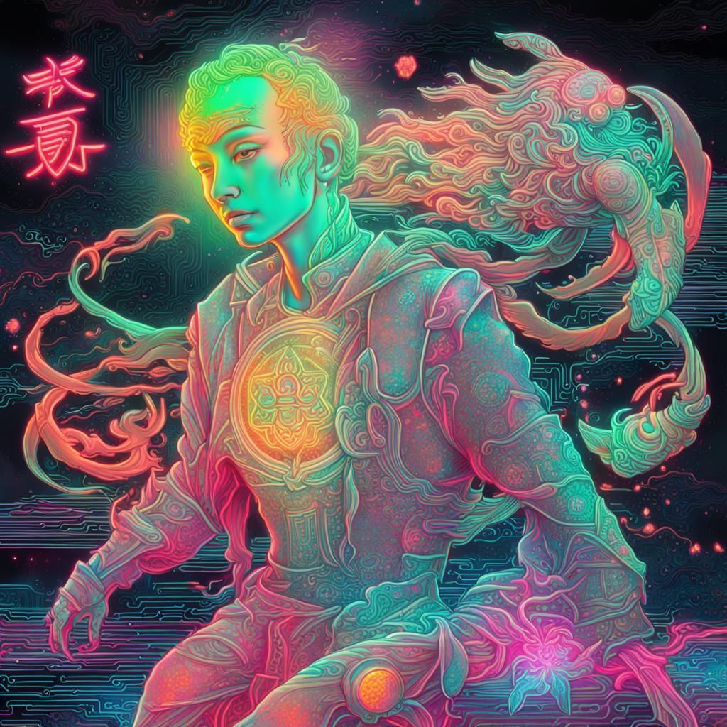 Neon Cyberpunk Astral Journey in Japanese Style