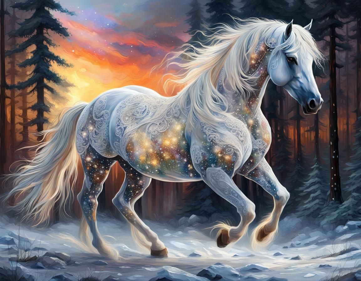 Lace-Adorned Magical Horse in Sparkling Landscape
