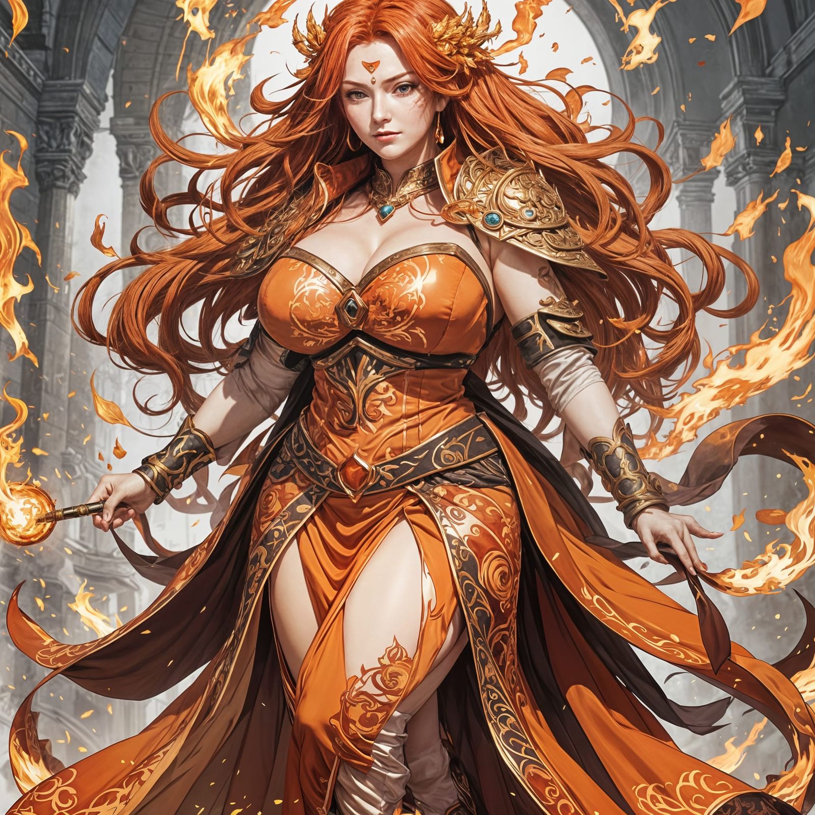 Curvy Fire Mage Anime Character in Cel-Shaded Style