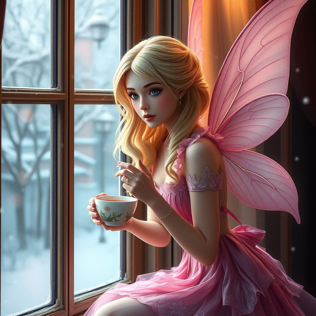 Fairy Sipping Tea on a Snowy Day