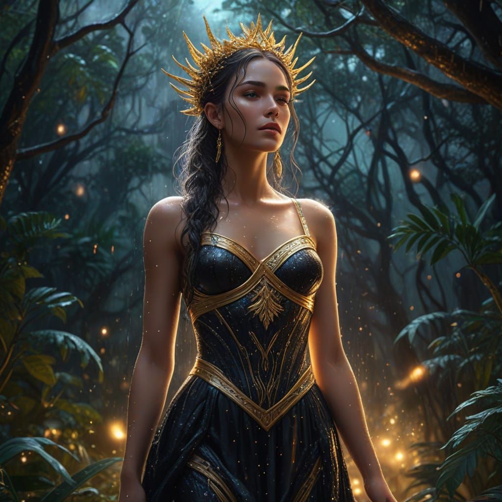 Goddess in Rainforest at Night: Fantasy Concept Art