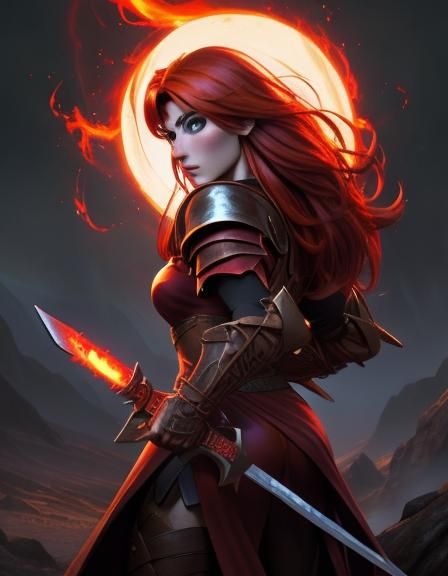 Celtic Redhead Warrior with Flaming Sword in Moonlight