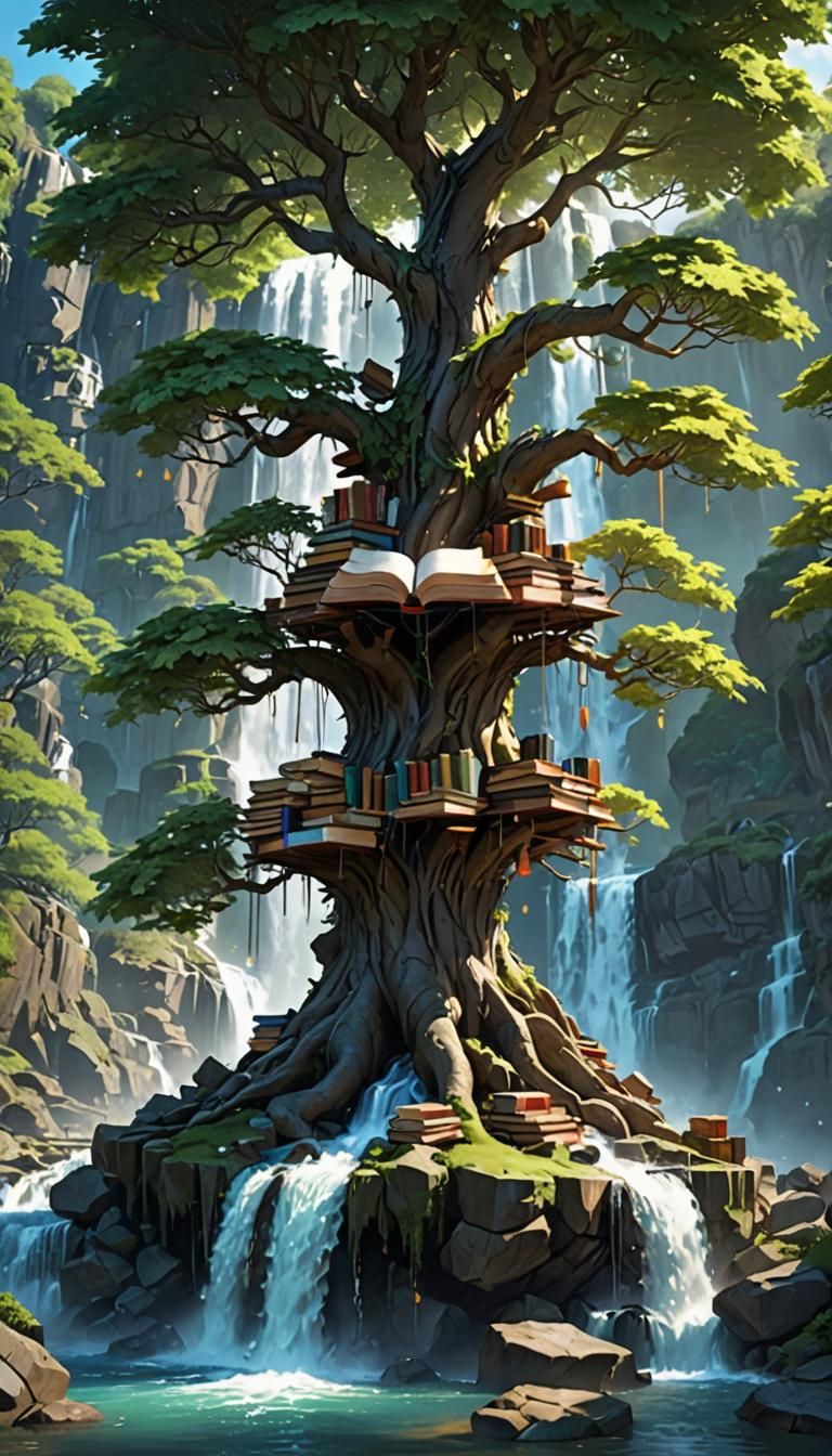 Fantasy Book Tree Waterfall in 3D Anime Style