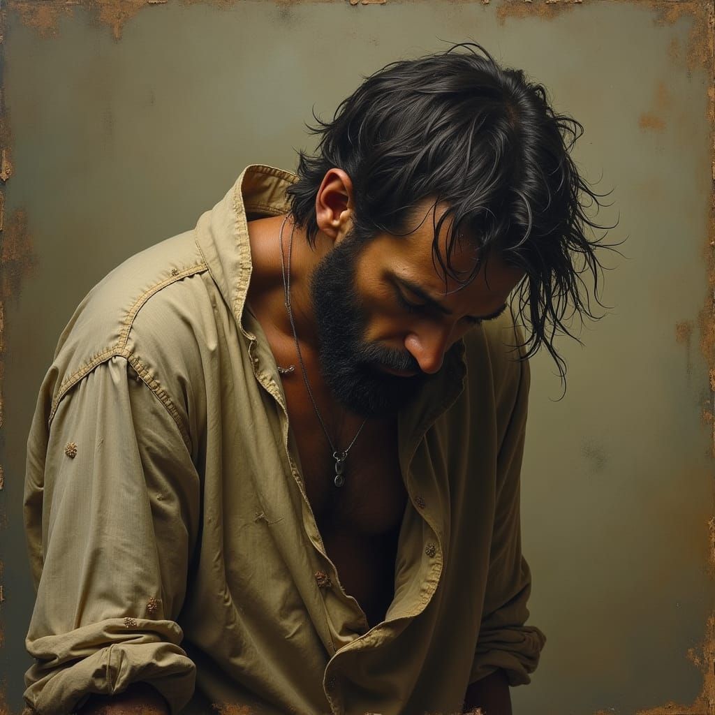 Disheveled Man Bowed Head in Somber Realism