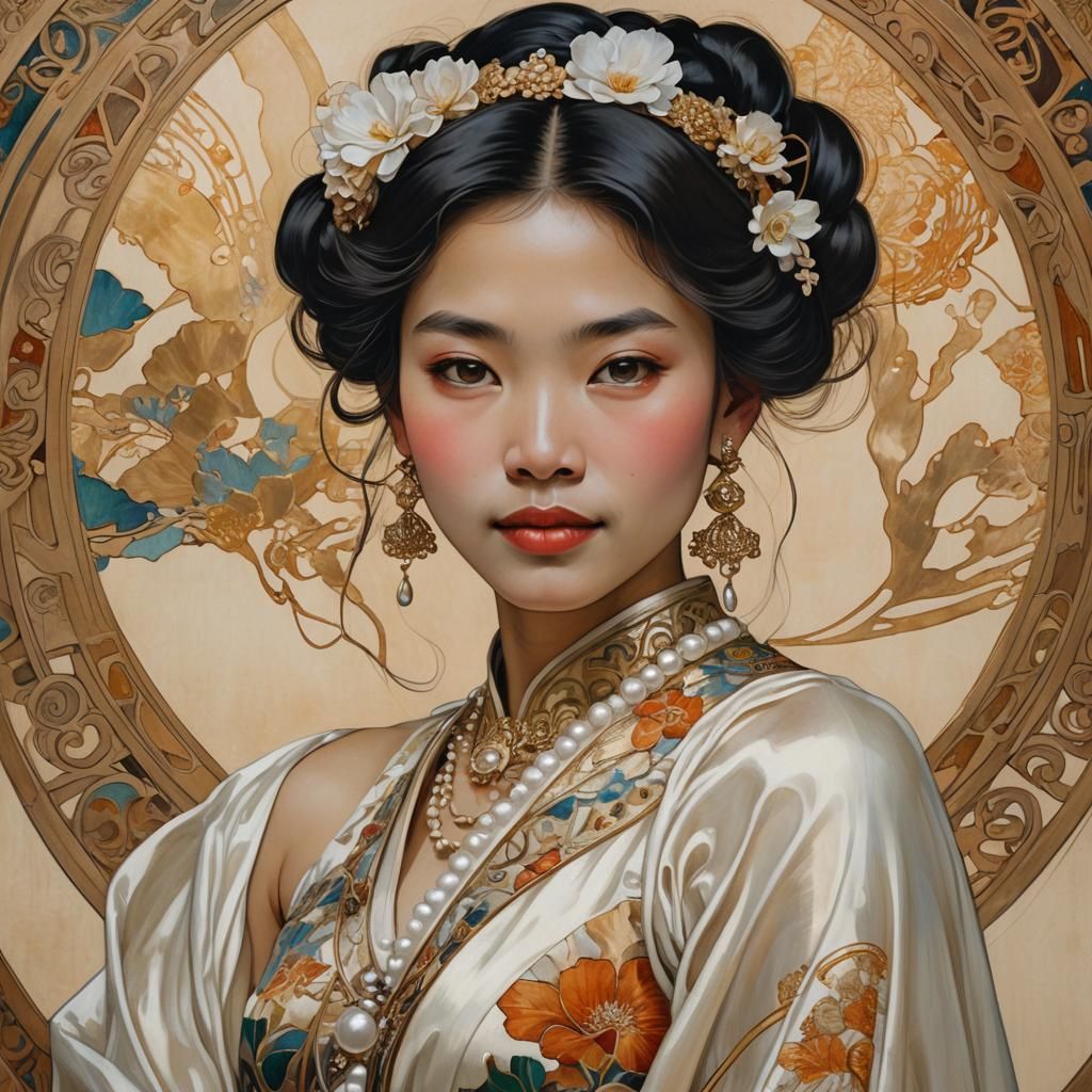 Thai Woman Portrait in Art Nouveau Style
