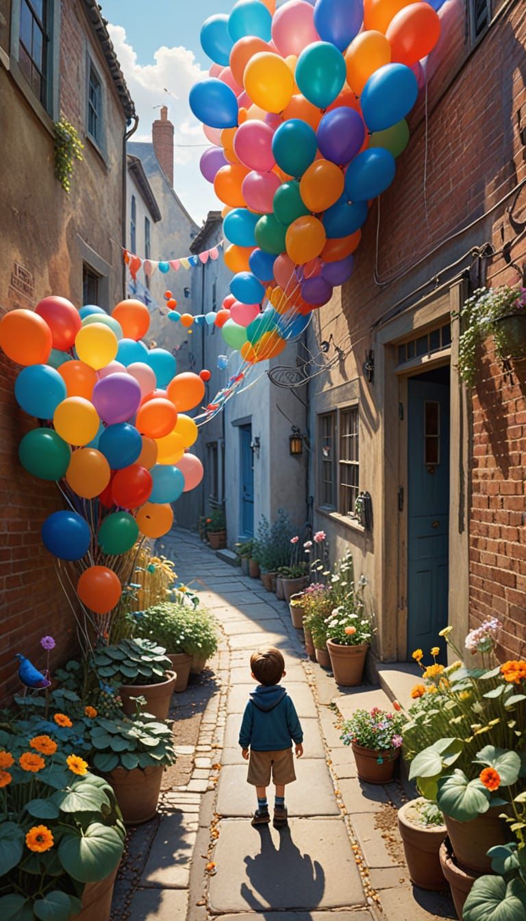Whimsical Birds-Eye View of Boy with Balloons