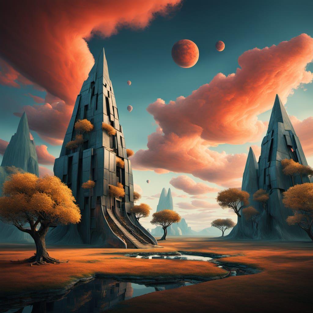 Vibrant Surrealist Landscape with Geometric Forms