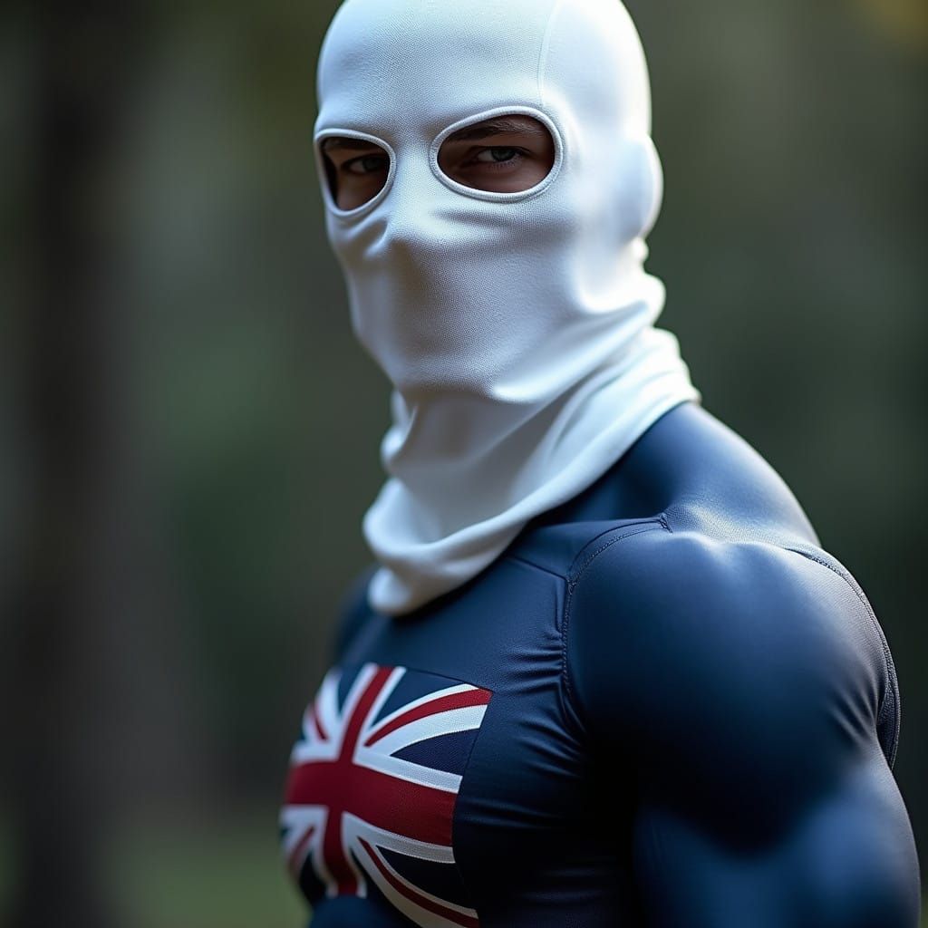 Sleek Navy Blue Hero with White Mask and Union Jack Emblem