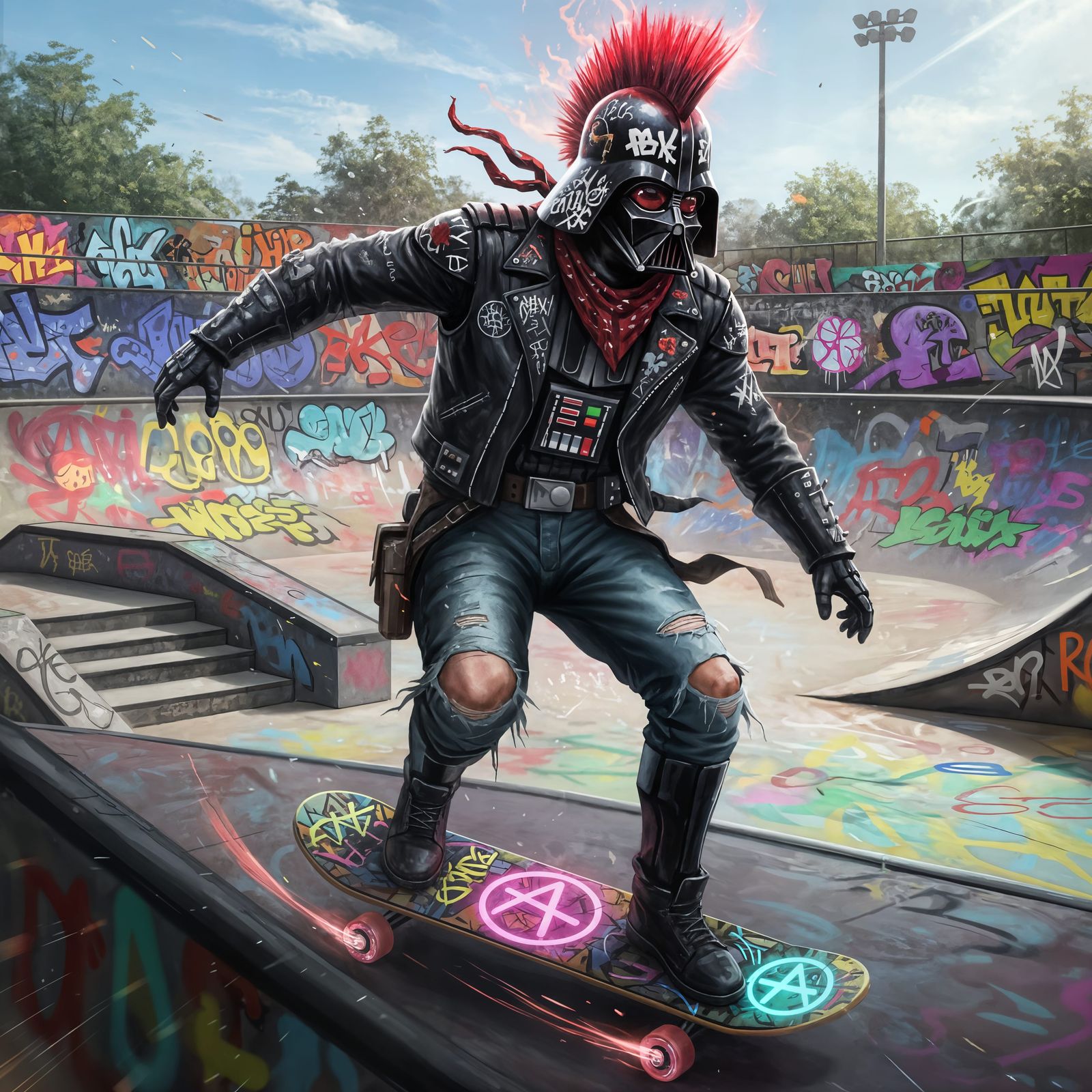 Punk Darth Vader on Skateboard in Skate Park