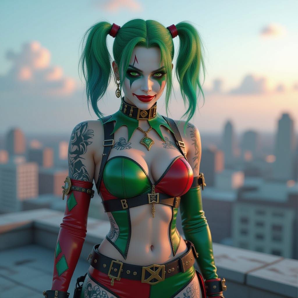 Emerald Harley Quinn in Hyperrealistic Style