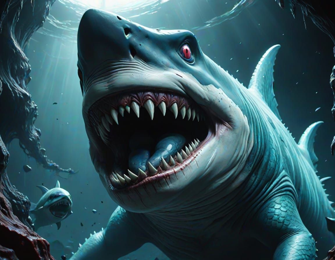 Grotesque Mermaid-Shark Fusion in Junji Ito Style