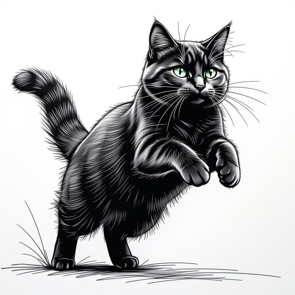 Abstract Pencil Line Drawing of Jumping Cat