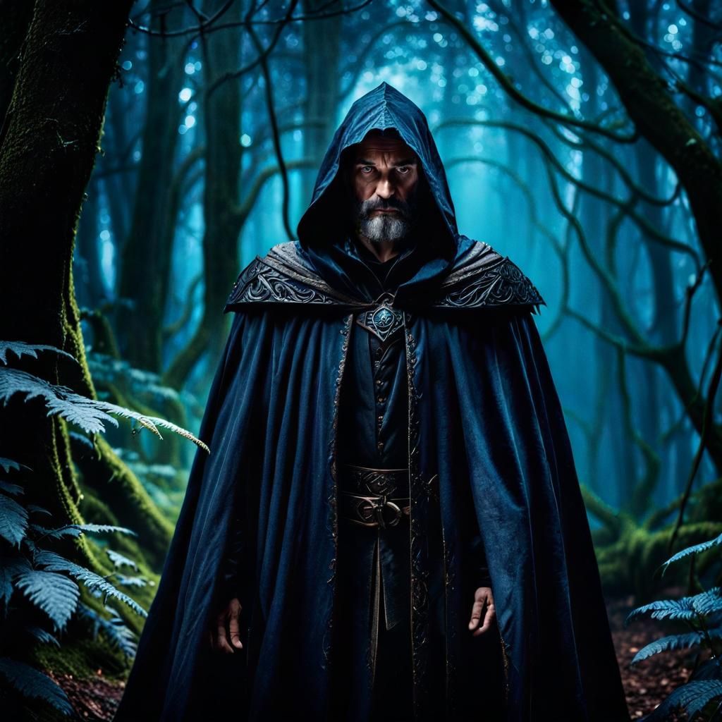 Dark Mage in Forest, Hyperrealistic Digital Art