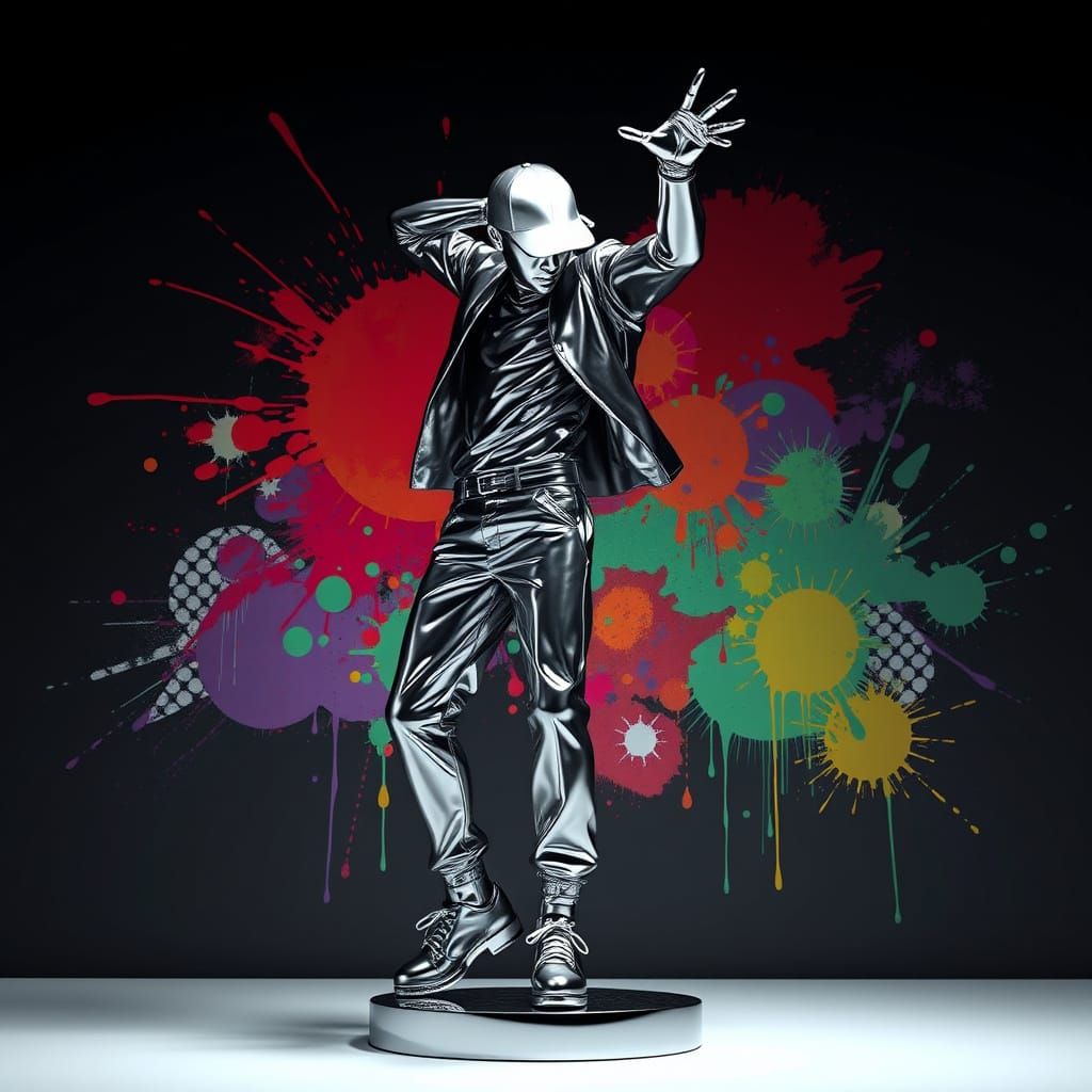 Chrome Hip Hop Dancer Sculpture in Cyberpunk Style