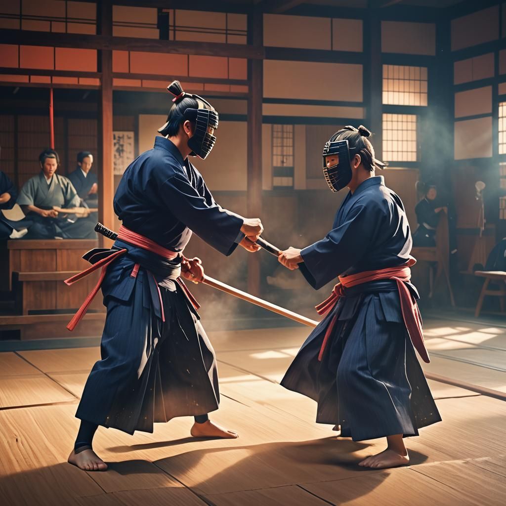 Kendo Sparring in Dojo: Anime-Inspired Woodblock Print