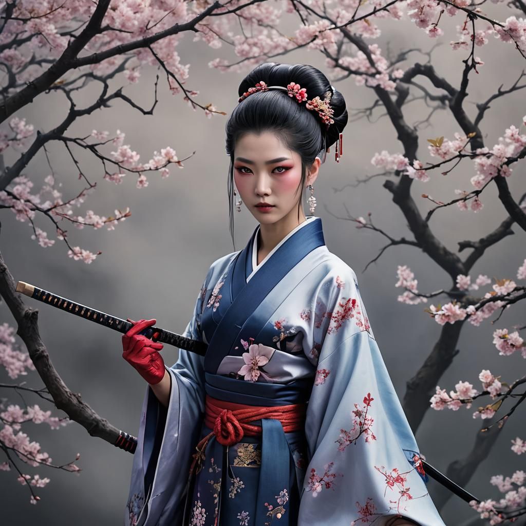 Mystical Japanese Woman with Katana in Renaissance Style