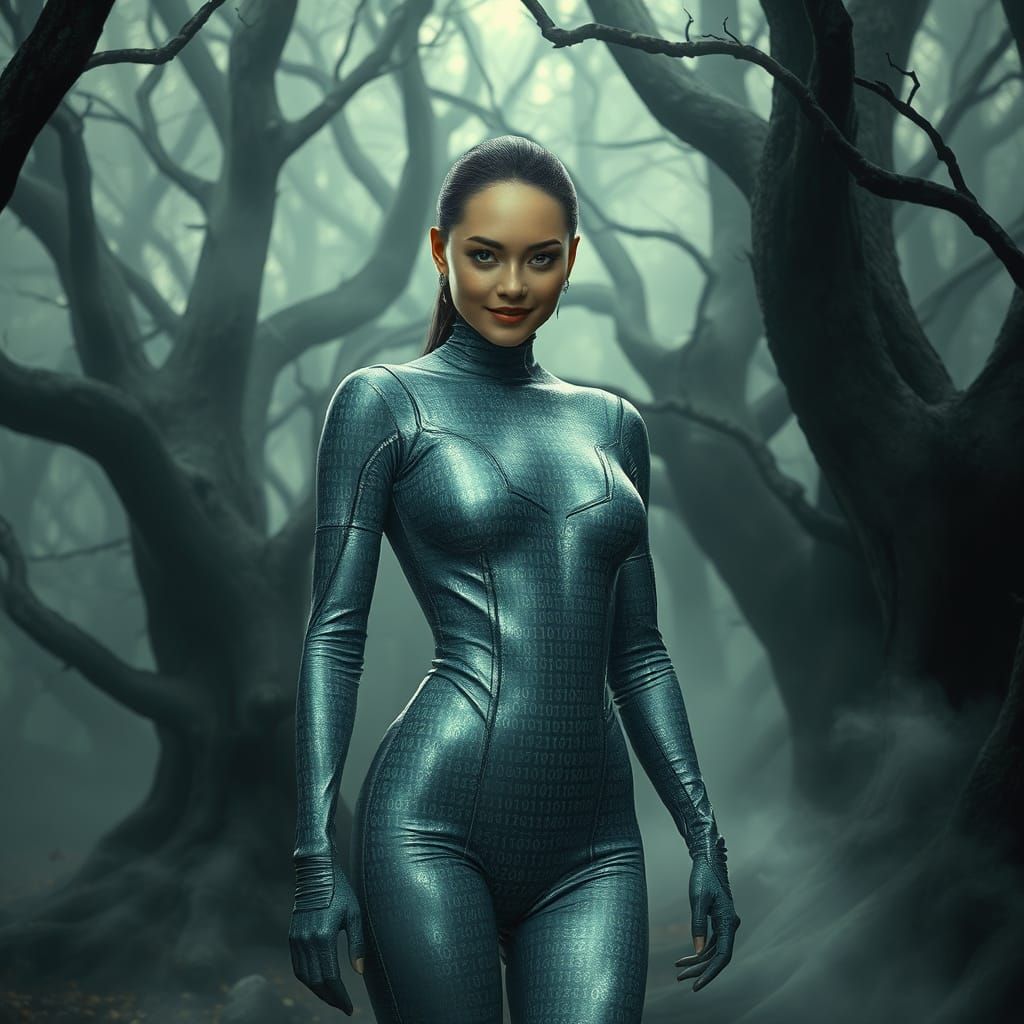 Futuristic Figure in Misty Forest with Binary Code Suit