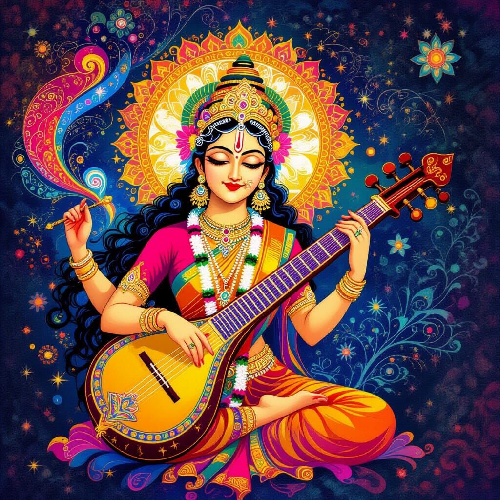 Sarasvati Playing Veena in Psychedelic Cosmic Display