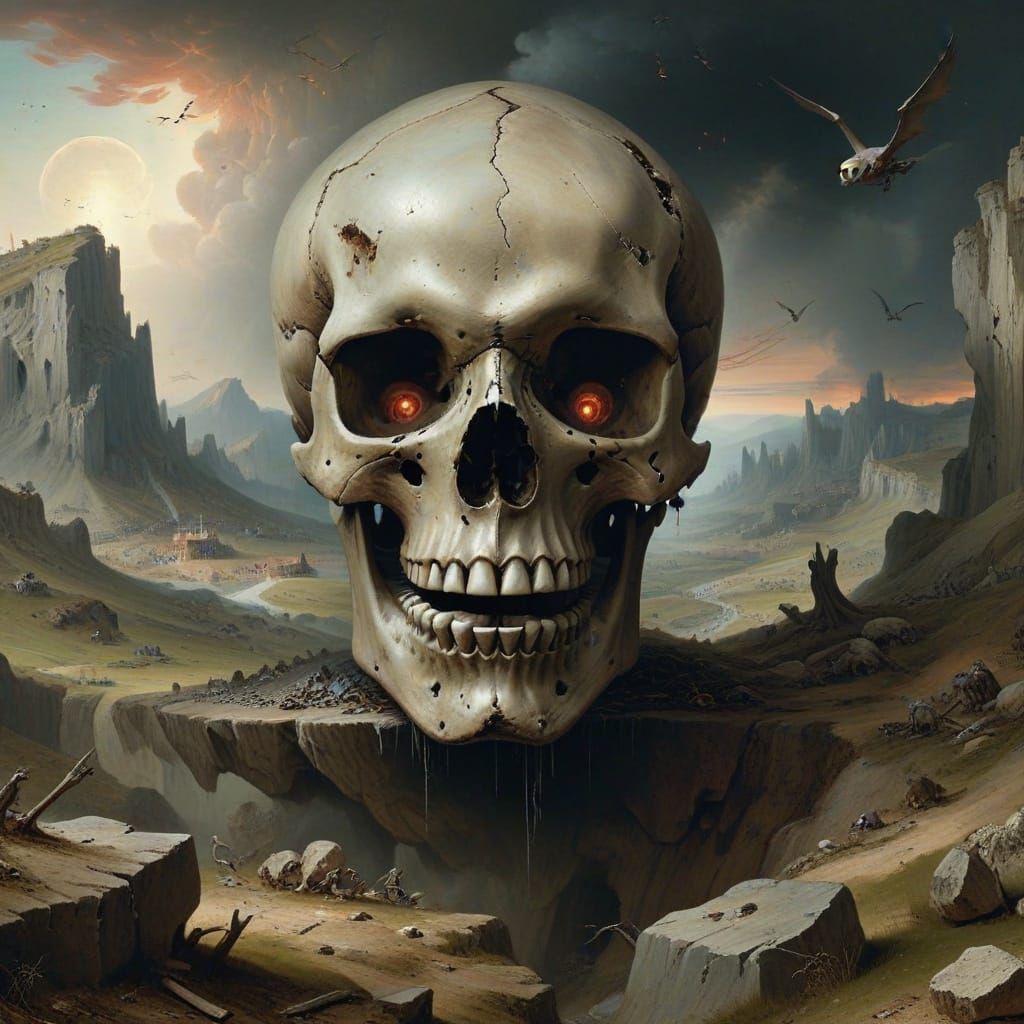 Macabre Giant Skull Hovering Over War-Torn Valley