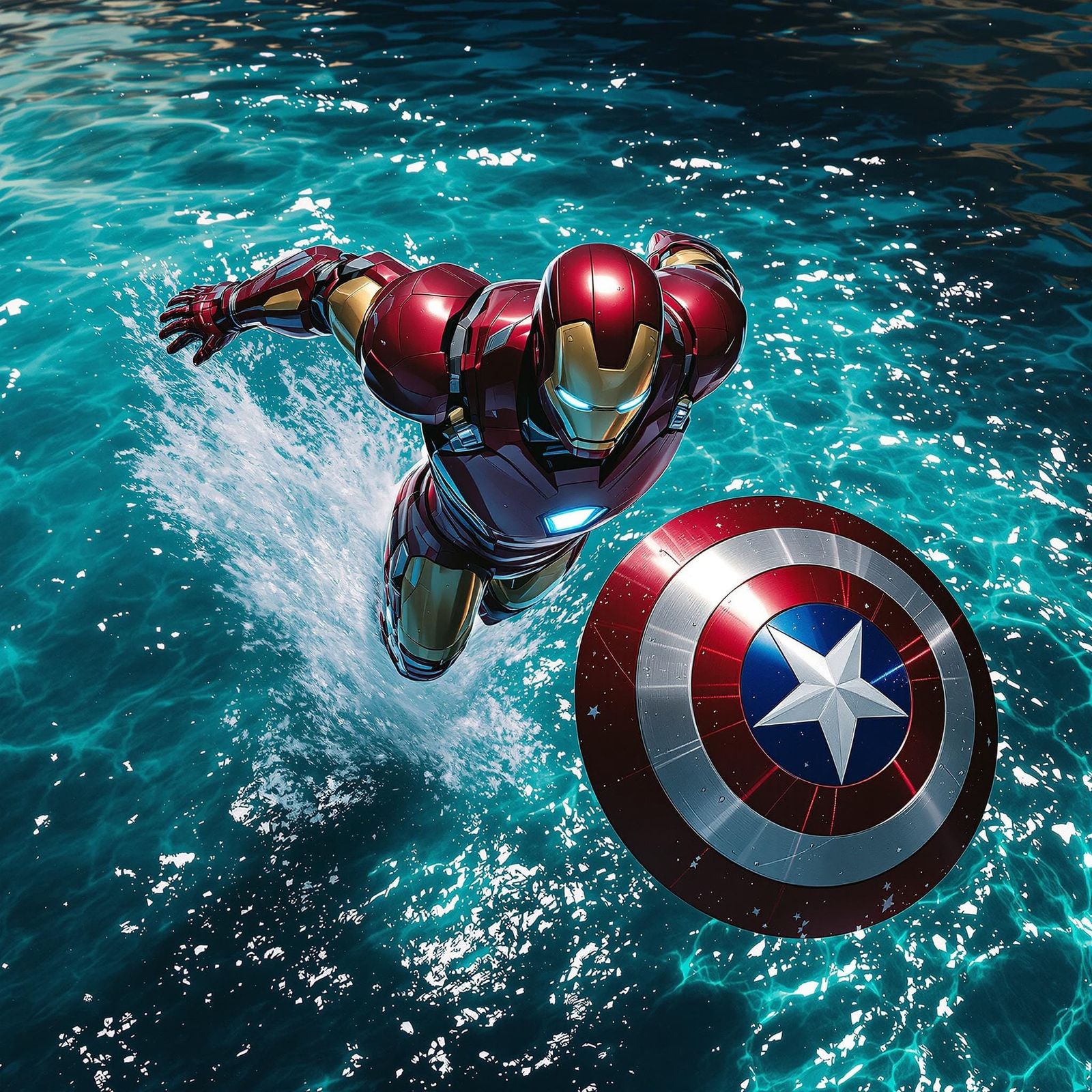 Iron Man Surfs Above Turquoise Waters with Captain America's...