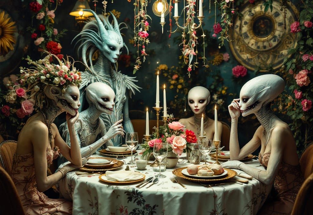 Surreal Restaurant Scene with Exotic Aliens