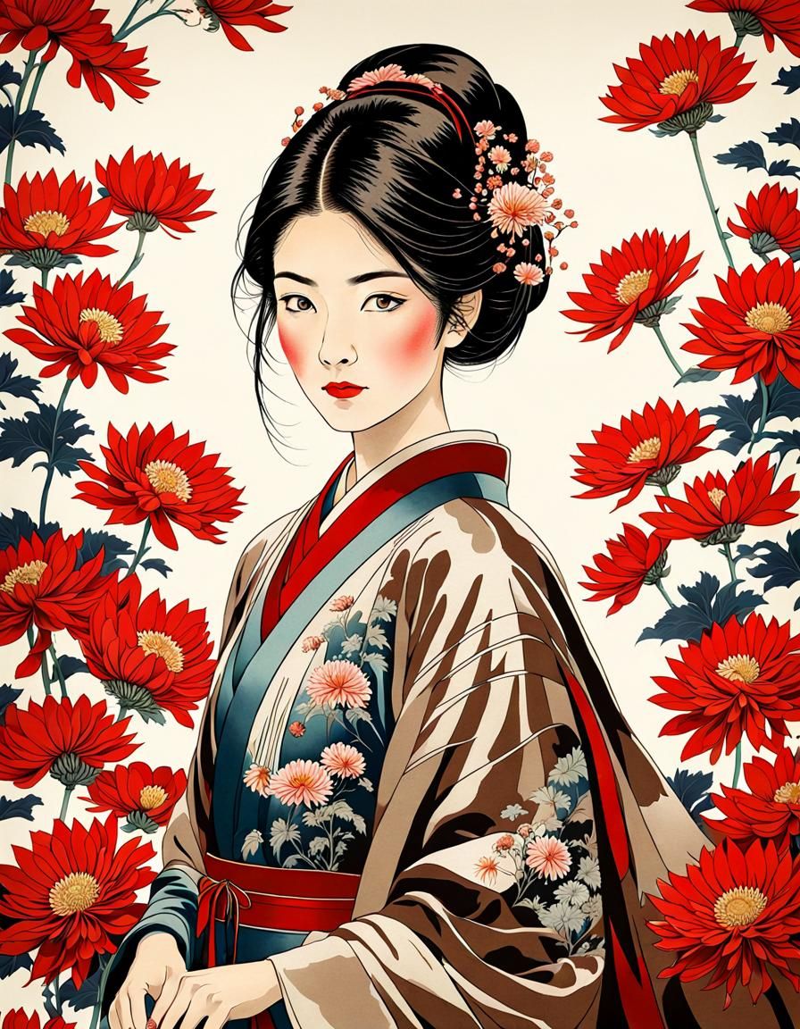 Ukiyo-e Portrait of Woman with Chrysanthemums