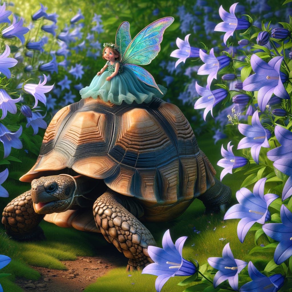 Greek Tortoise Carries Delighted Fairy through Campanula Flo...