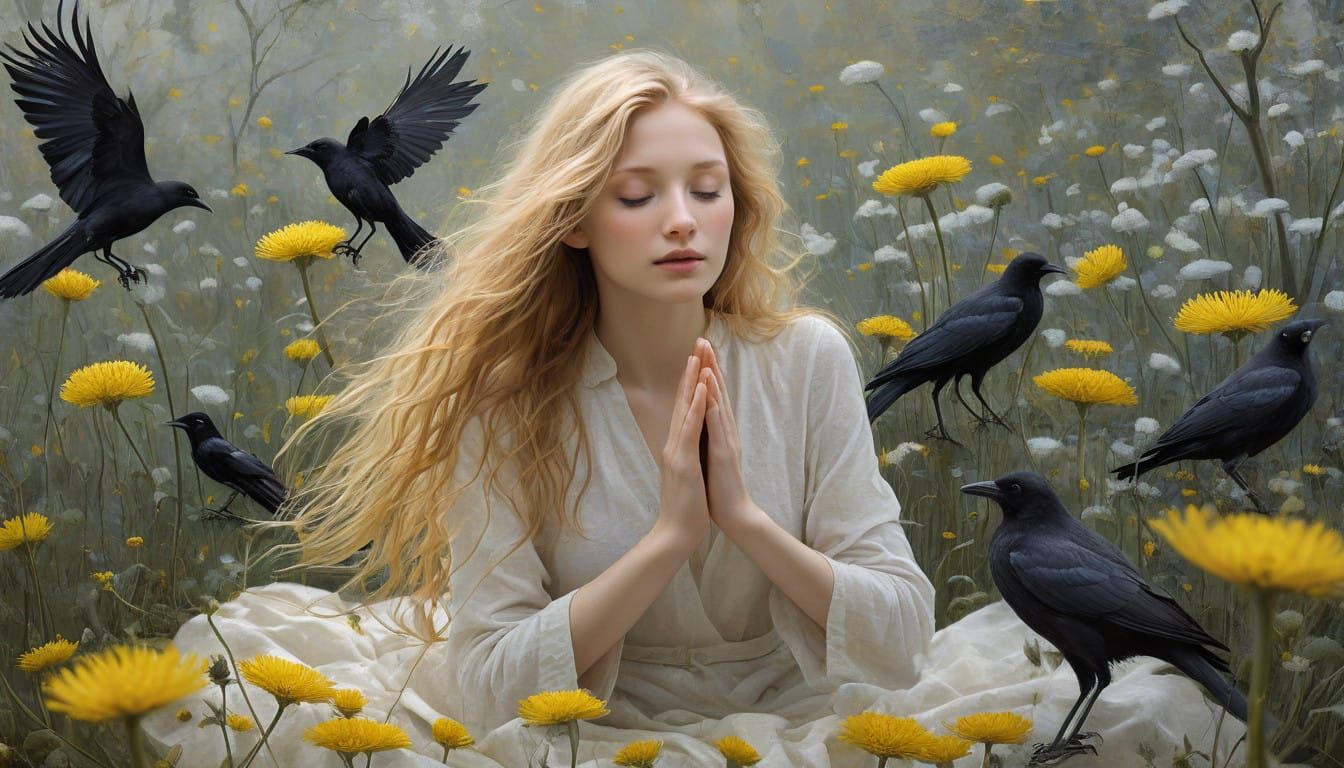 Serene Woman amidst Dandelions and Ethereal Snow Birds in Bi...