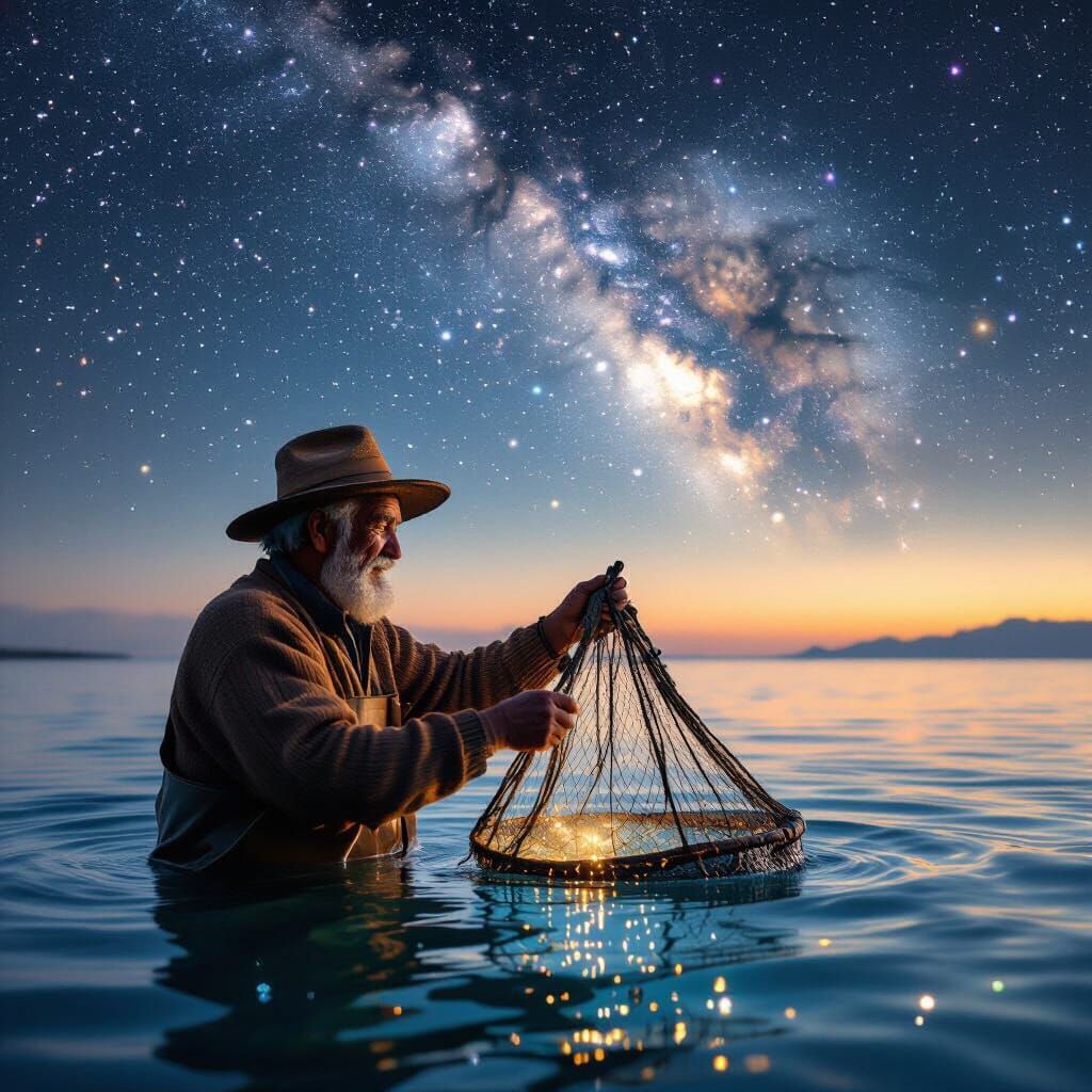 Fisherman Casts Net into Starry Sea at Dusk