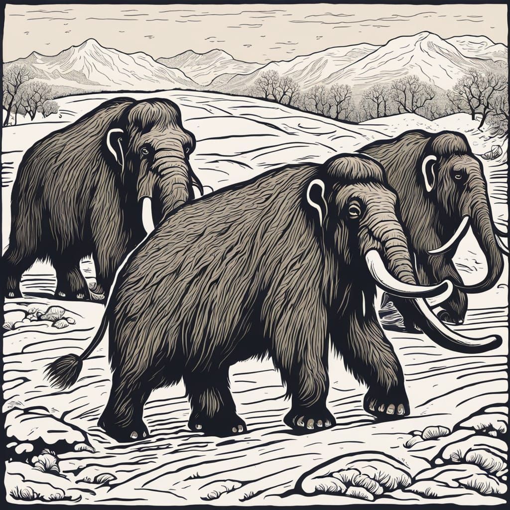 Woolly Mammoths Crossing a Snowy Field in Woodcut Style