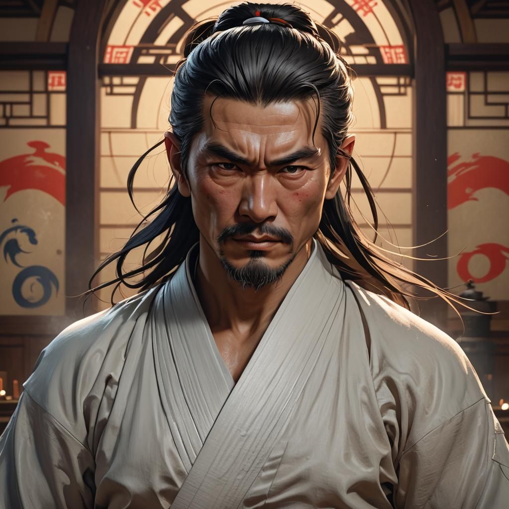 Aikido Master Portrait in Dojo, Hyperdetailed Art