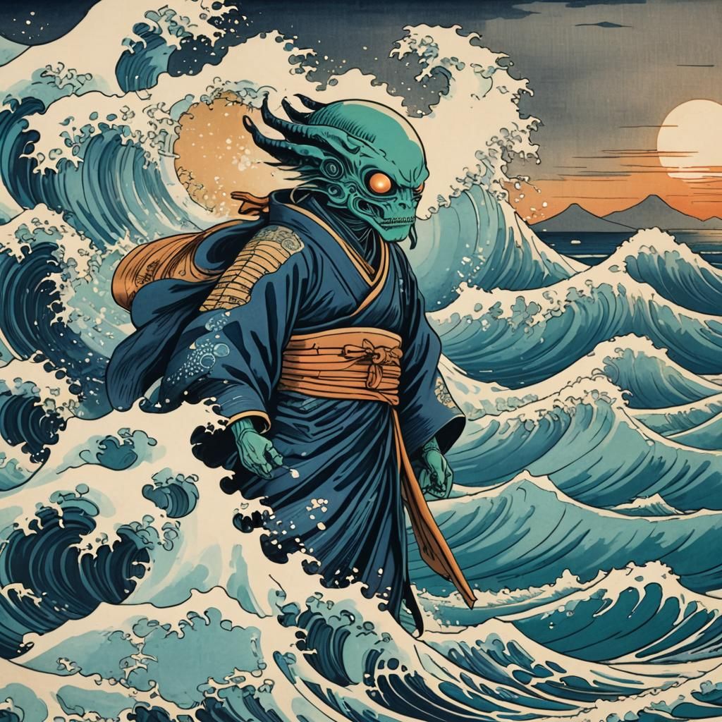 Alien in Ukiyo-e Style at Beach Near Temple