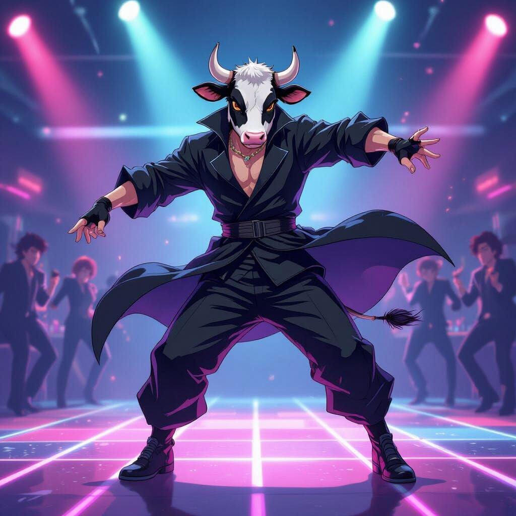 Sukuna Ryomen Cow Dance on Neon Floor, Anime Style